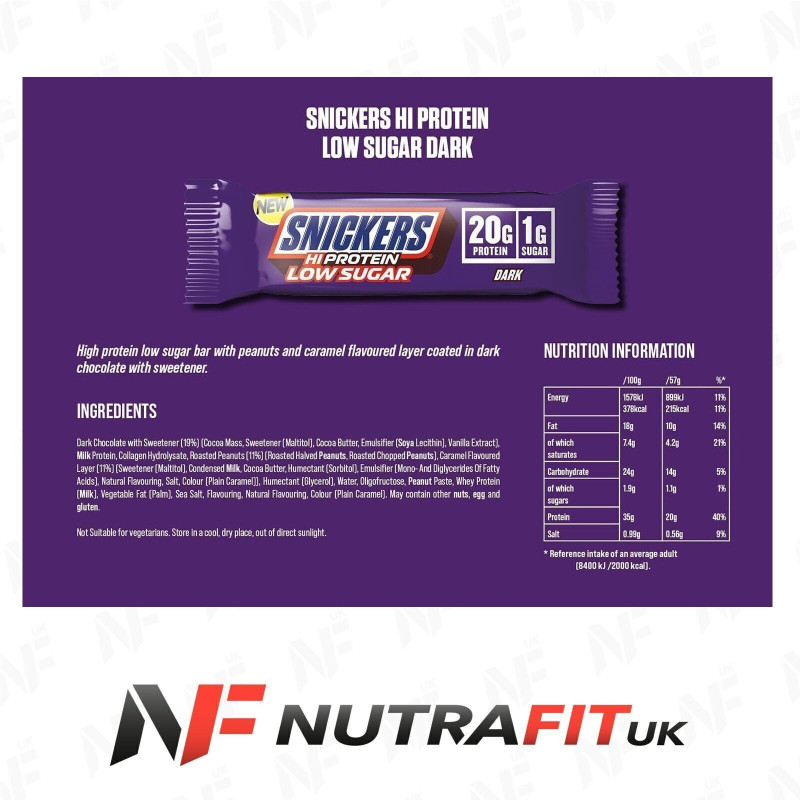 Snickers Hi Protein Low Sugar Bars Dark Chocolate Peanuts 12 X 57 g